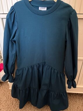 Pleat Girls' Teal Long-Sleeve Tiered Dress